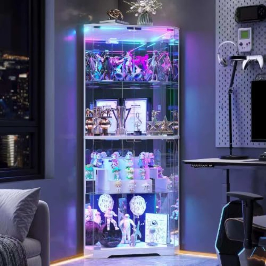 Glass Cabinet Display - 高さ64.7インチのリビングルーム用コーナーディスプレイキャビネット、ガラス扉付き、木製ベニヤ、ウォールナット仕上げ、調節可能な棚とソフトクローズ機能付き