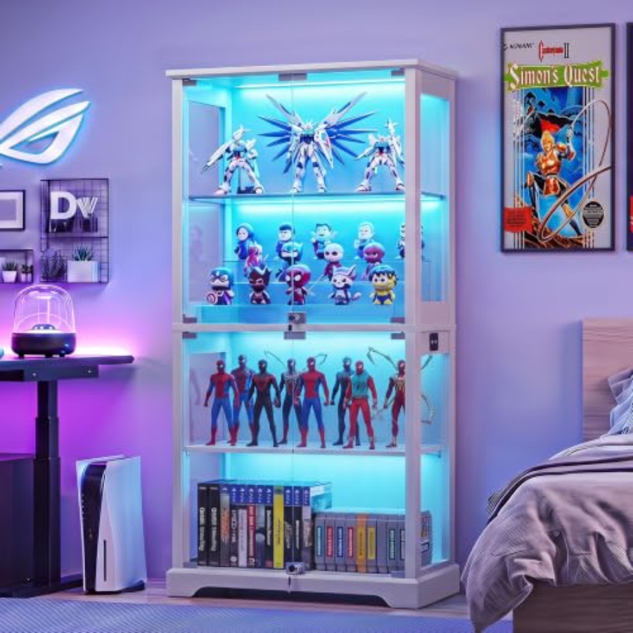 Glass Cabinet Display - リビングルーム用ロック可能なファームハウスガラスディスプレイキャビネット、強化ガラスと木製、ホワイト、調節可能な棚とソフトクローズ機能付き