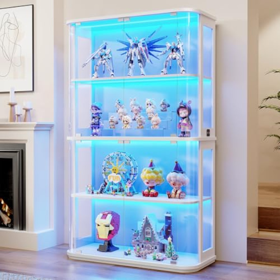Glass Cabinet Display - 小売店用の丸型ディスプレイキャビネット、LEDライト付き強化ガラス扉、ホワイト仕上げ、省エネ照明。