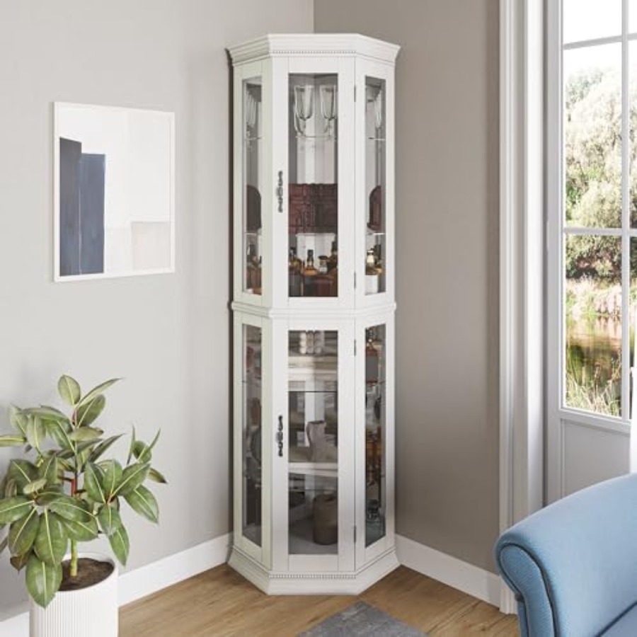 Glass Cabinet Display - リビングルームや寝室用の3面ガラス照明付きディスプレイキュリオキャビネット、強化ガラスの扉と棚、ウォールナット仕上げの木材、LEDアクセント付き