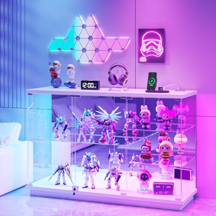 Glass Cabinet Display - RGBガラスディスプレイキャビネット（コレクション用、鍵付き）：白い強化ガラス、LED照明、安全なロック機構、モダンなデザイン