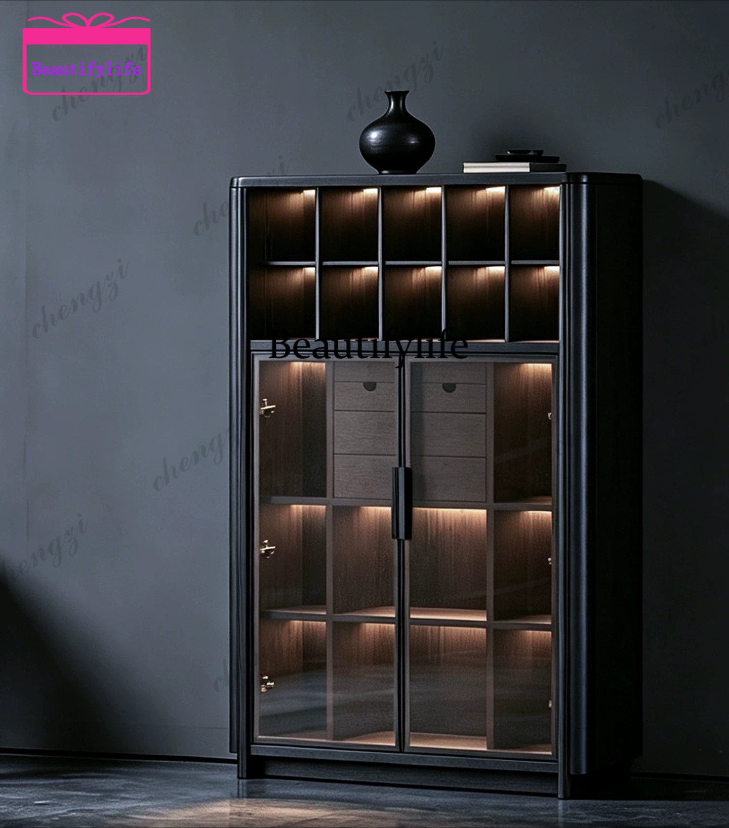 a55 イタリア製ミニマリスト無垢材本棚 ガラス扉付き床から - Glass Cabinet Display のレビューと価格