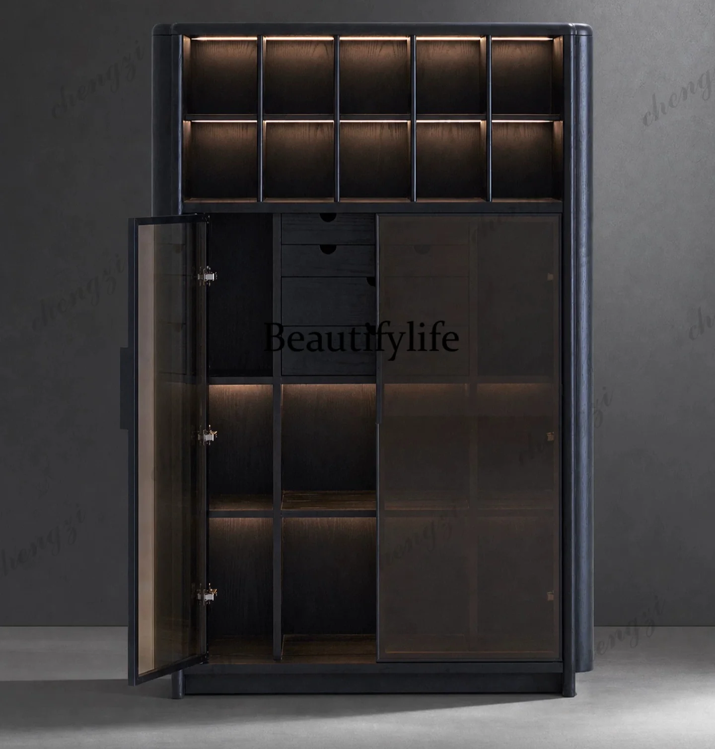 a55 イタリア製ミニマリスト無垢材本棚 ガラス扉付き床から - Glass Cabinet Display のレビューと価格