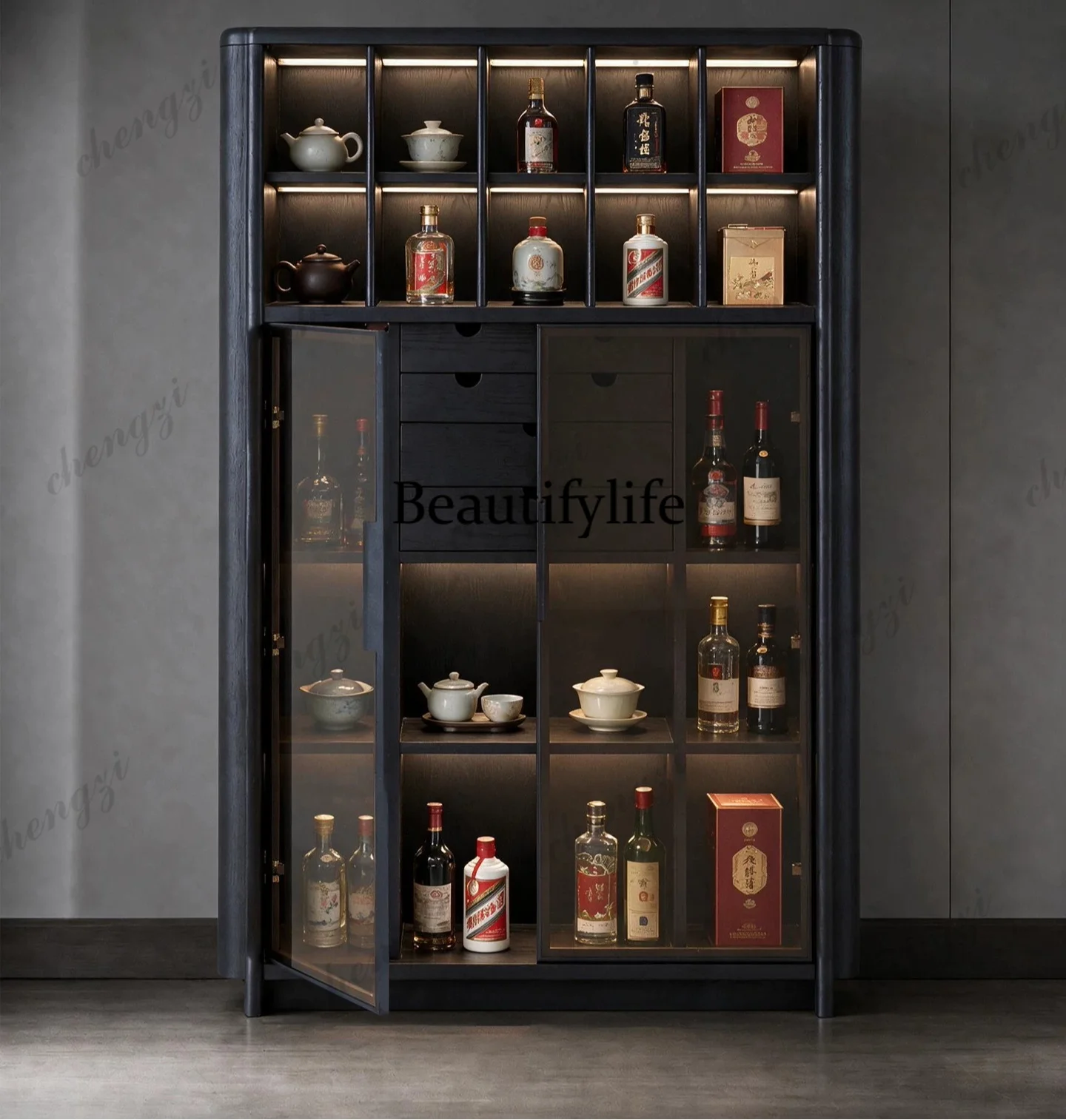 a55 イタリア製ミニマリスト無垢材本棚 ガラス扉付き床から - Glass Cabinet Display のレビューと価格